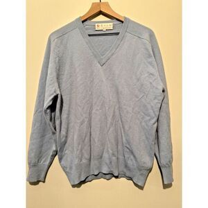 Erdos Men's 44 100% Pure Cashmere V-Neck Pullover‎ Sweater Baby Blue Plaid